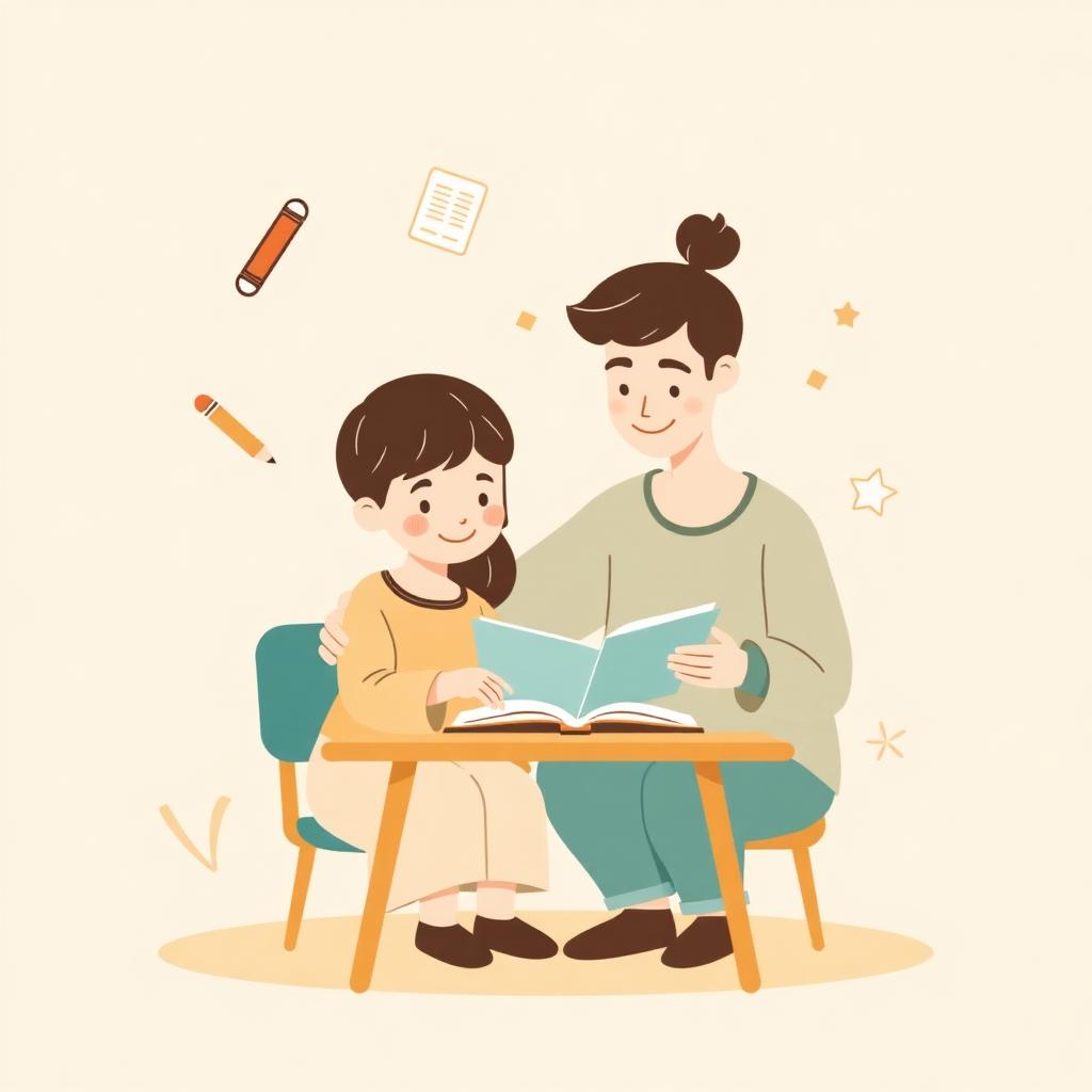 Ilustração de uma sessão de estudo individual, com um adulto e uma criança a lerem juntos